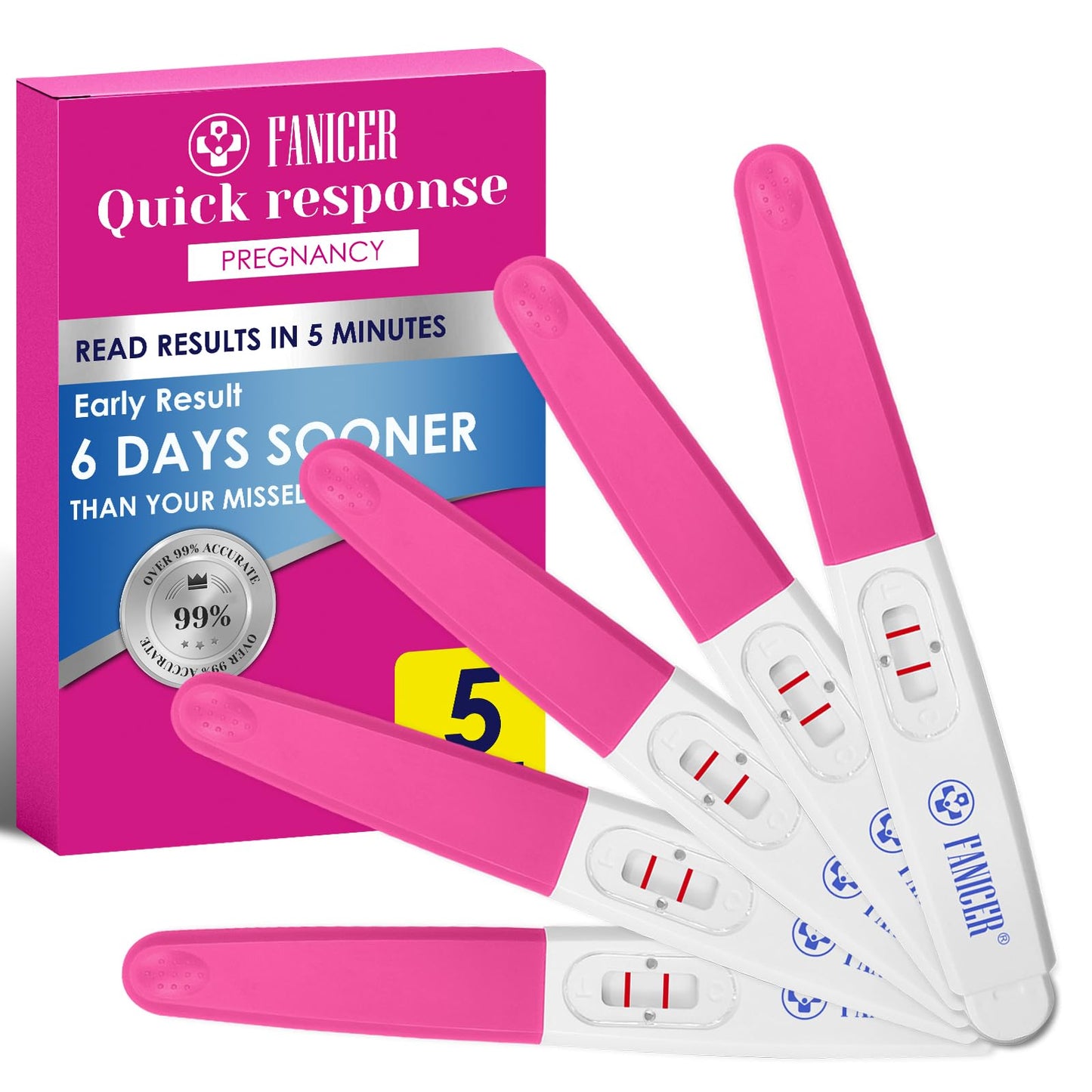 5 Count Early Detection Pregnancy Tests - Rose Red, Individually Packed, At-Home HCG Kit