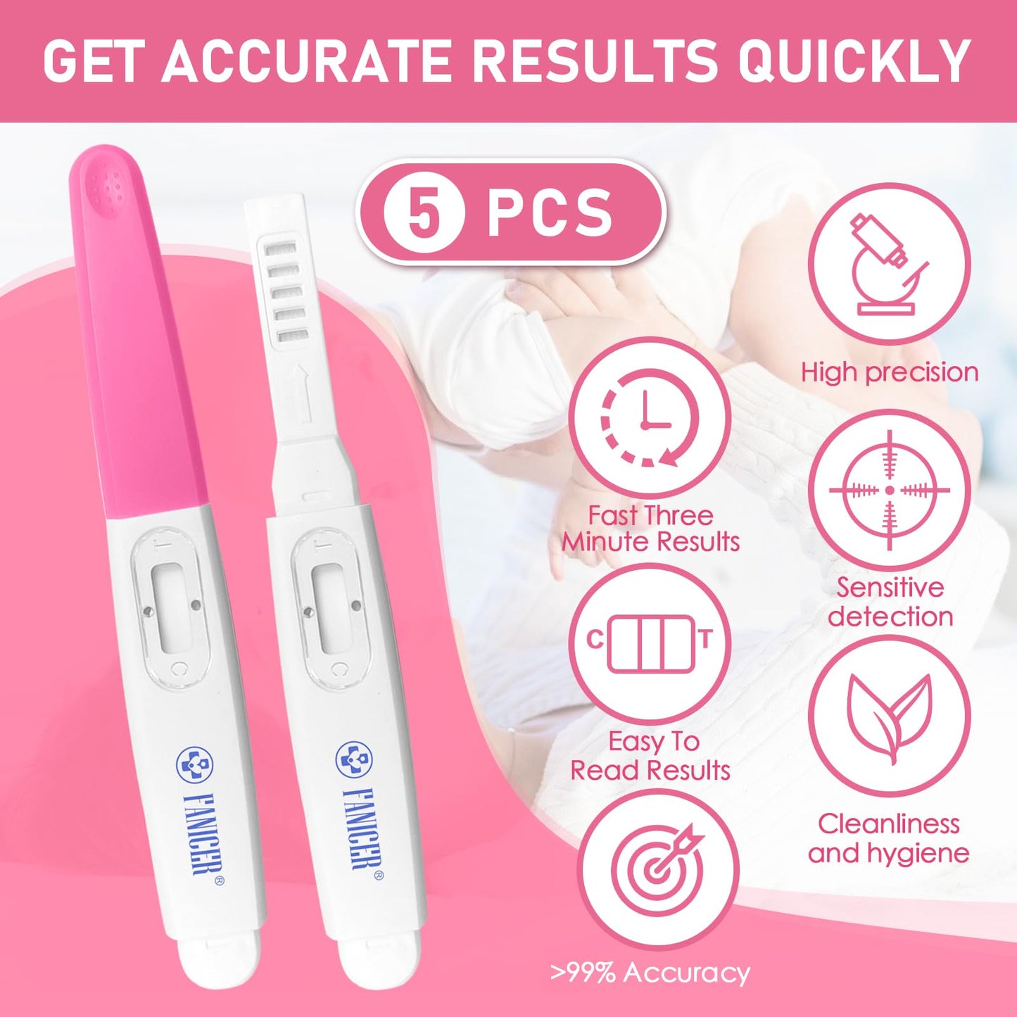 5 Count Early Detection Pregnancy Tests - Rose Red, Individually Packed, At-Home HCG Kit