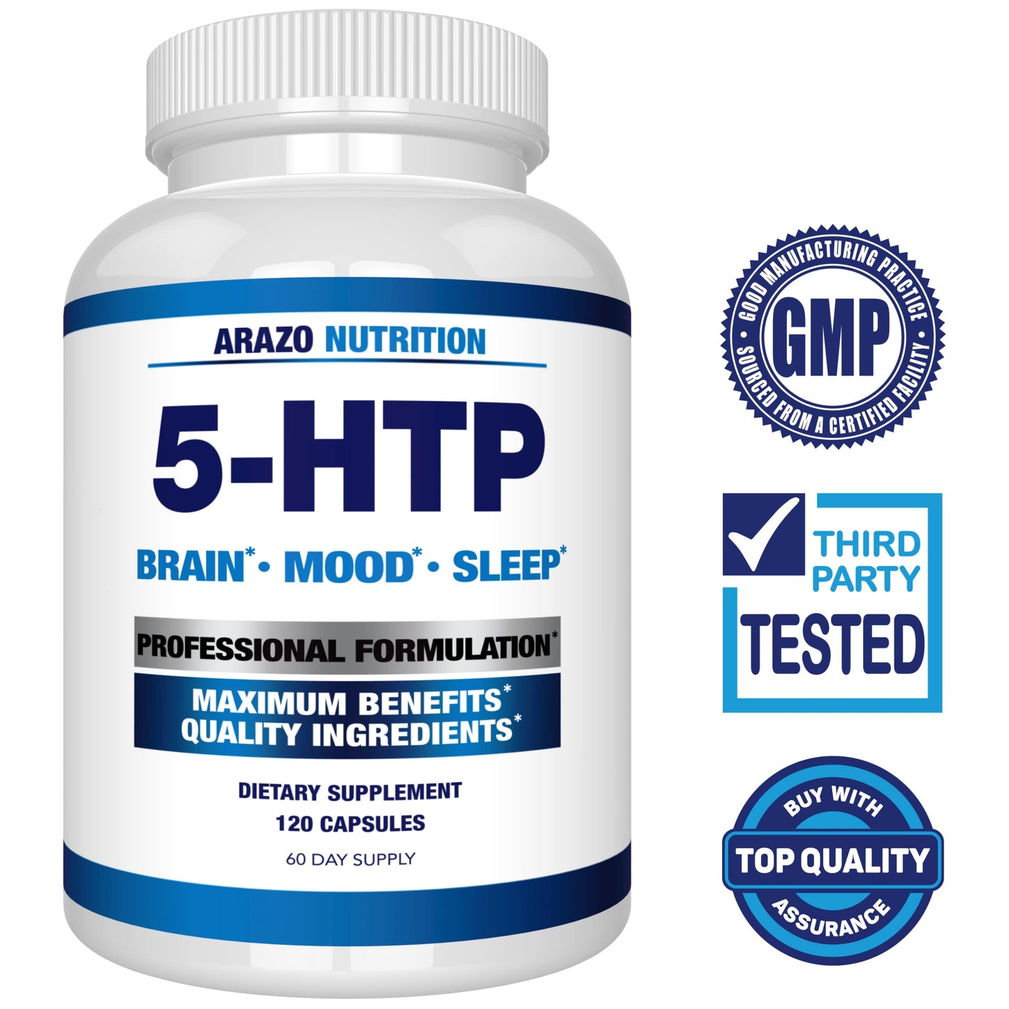 5-HTP 200 mg Plus Calcium – Mood & Sleep Support | 120 Capsules | Arazo Nutrition