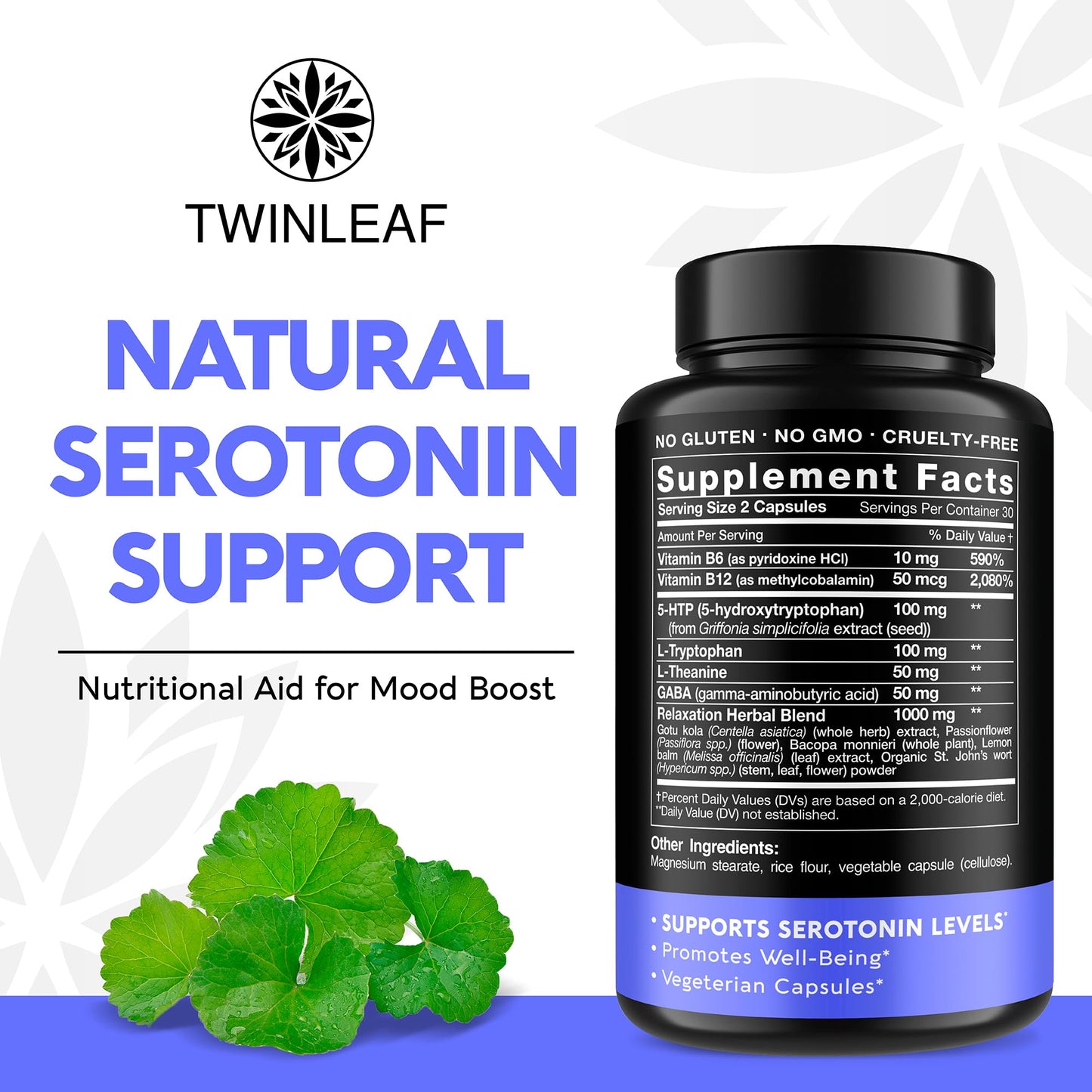 Natural Serotonin Supplement - USA Made, 60 Capsules | 5-HTP, B Vitamins, GABA
