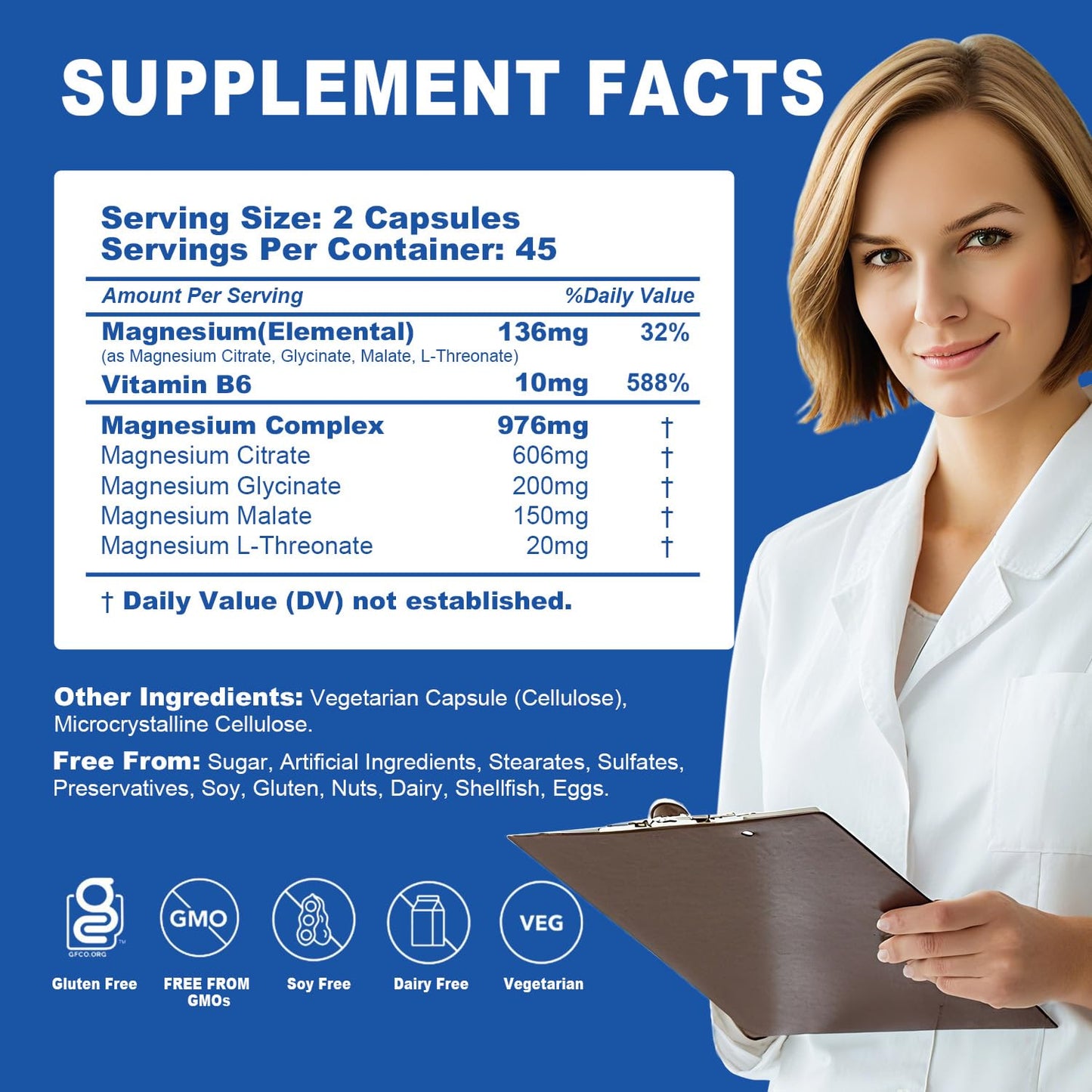 5 in 1 Magnesium Complex 976mg | Glycinate, Citrate, Malate & L-Threonate + Vitamin B6 | Gluten-Free Vegan Capsules