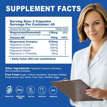 5 in 1 Magnesium Complex 976mg | Glycinate, Citrate, Malate & L-Threonate + Vitamin B6 | Gluten-Free Vegan Capsules