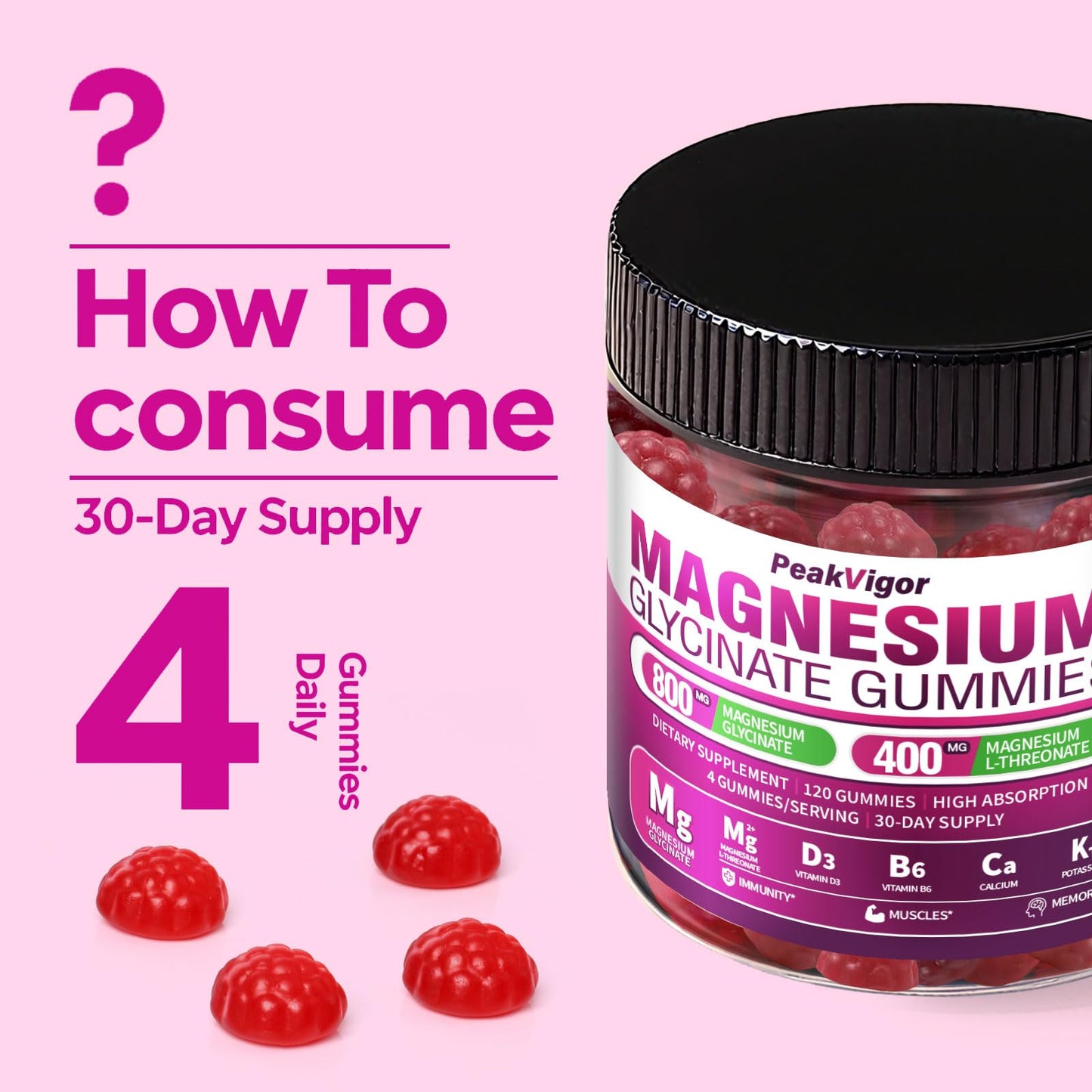 5-in-1 Magnesium Glycinate Gummies - 1400mg Complex, 120 Gummies | Organic, Non-GMO, Third-Party Tested
