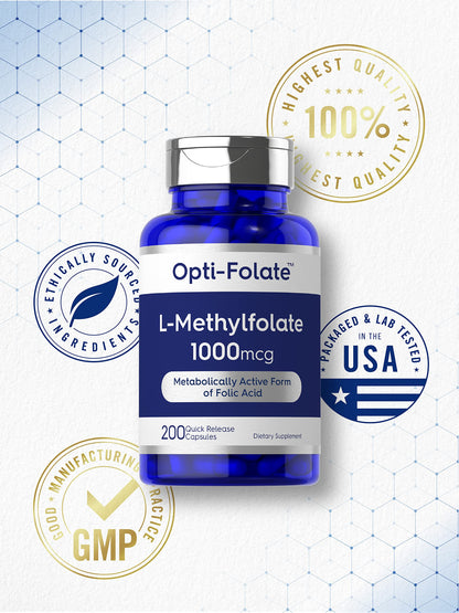 Carlyle L-Methylfolate 1000mcg | 200 Capsules | Opti-Folate – Non-GMO, Gluten Free | 5-MTHF Methyl Folate