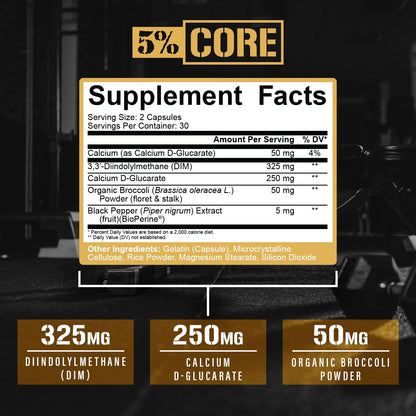 5% Nutrition Core DIM Supplement – Estrogen Support for Men & Women | DIM with Calcium D-Glucarate, Organic Broccoli & Bioperine