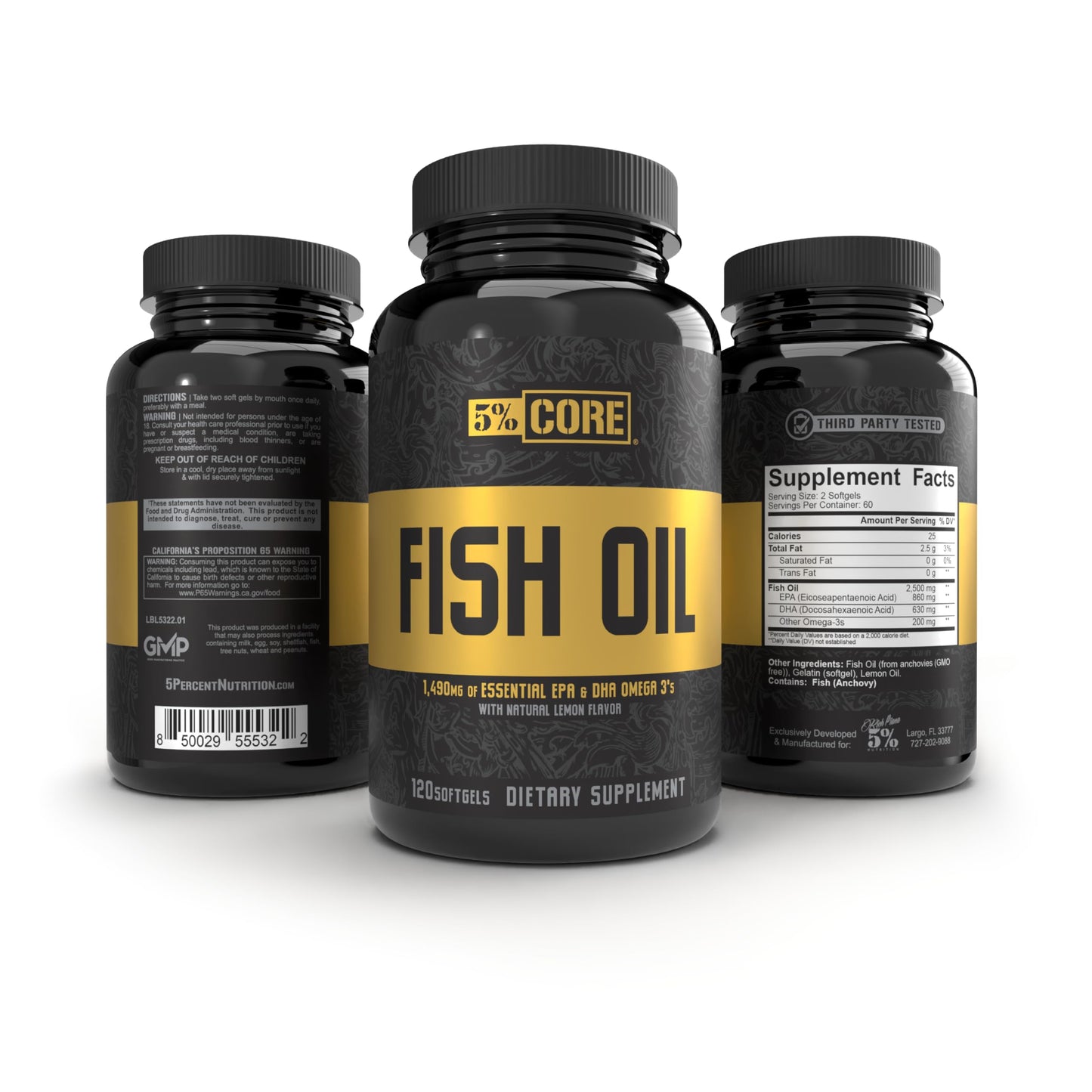 5% Nutrition Core Fish Oil Supplement – 2,500 mg EPA & DHA | Burpless, 60 Servings (120 Softgels)