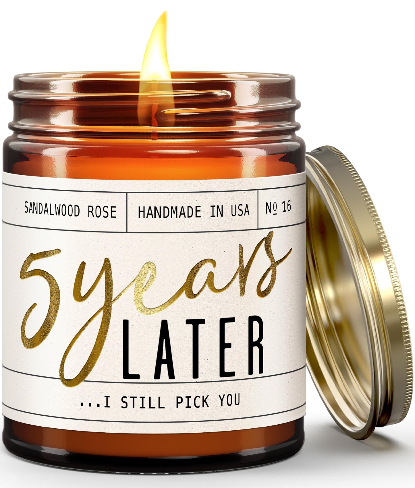 5 Year Anniversary Gift for Her — '5 Years Later' Soy Candle, Sandalwood Rose | 50Hr Burn | USA Made