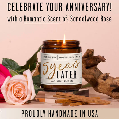 5 Year Anniversary Gift for Her — '5 Years Later' Soy Candle, Sandalwood Rose | 50Hr Burn | USA Made