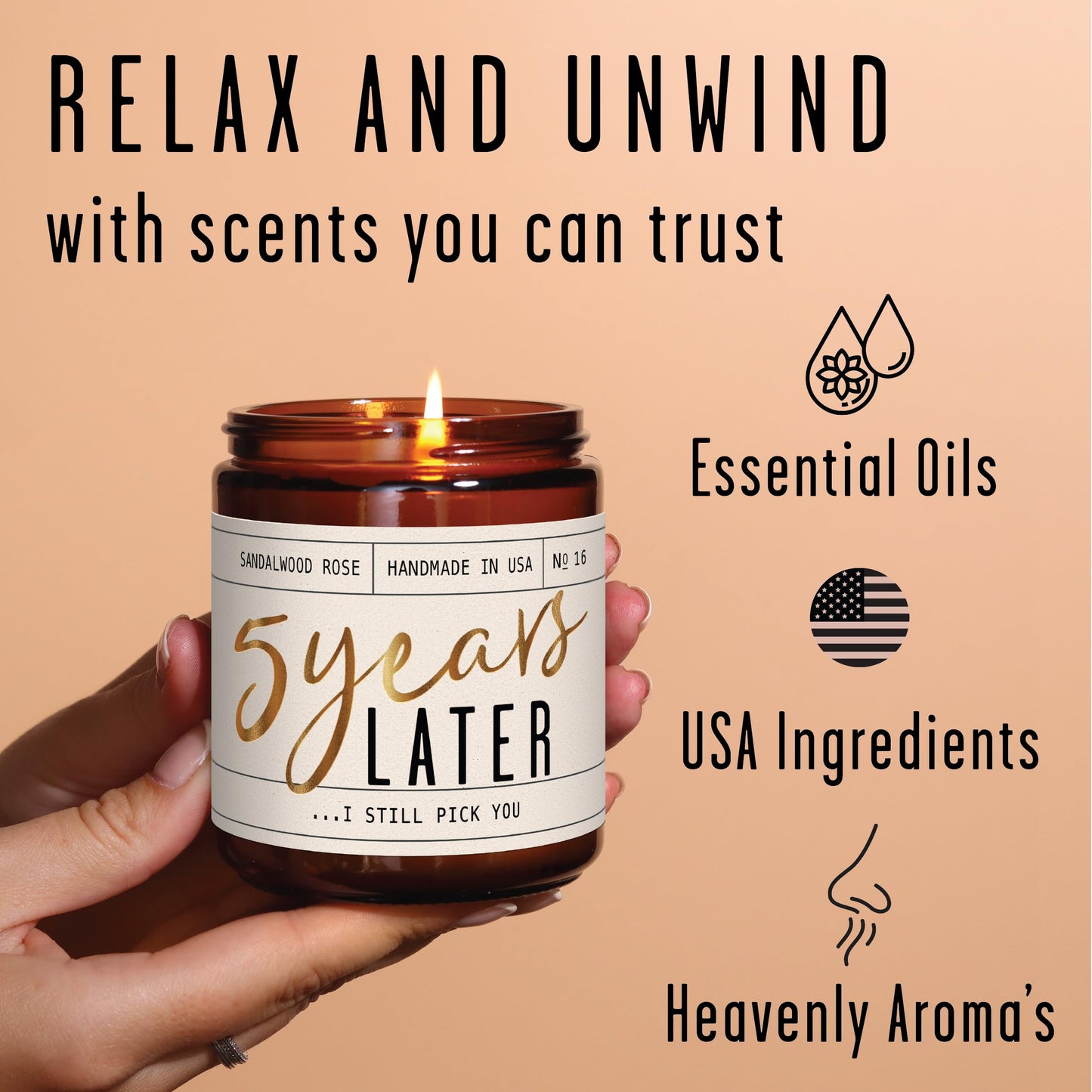 5 Year Anniversary Gift for Her — '5 Years Later' Soy Candle, Sandalwood Rose | 50Hr Burn | USA Made