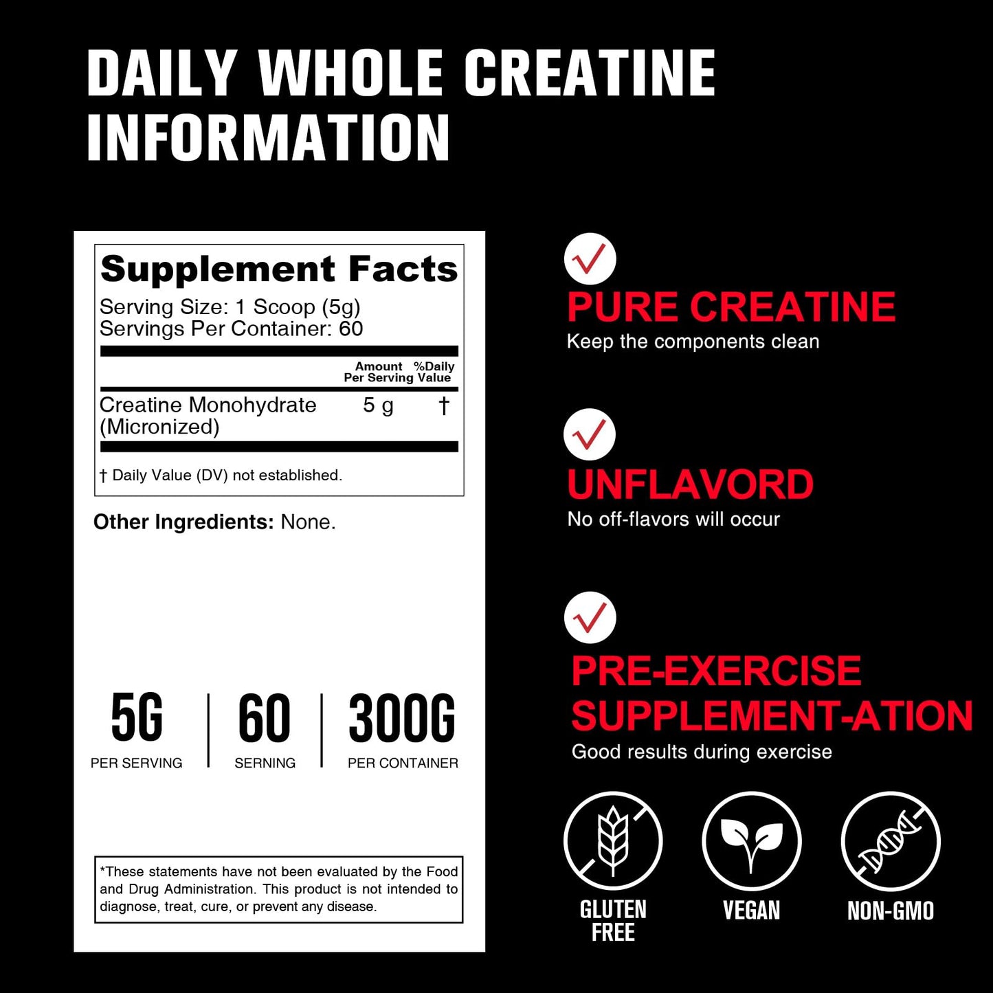 5000mg Creatine Monohydrate Micronized Powder – Unflavored, 300g (60 Servings) – Sugar-Free, Vegan, Non-GMO with Scoop