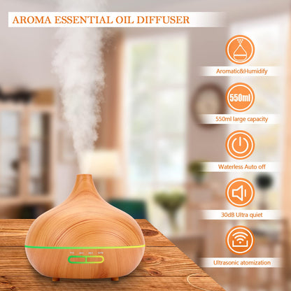 550 ml Aroma Diffuser with Essential Oils Set – Ultrasonic Diffuser with Remote, Auto Shut-Off for Office & Home