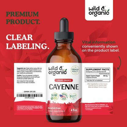 Wild & Organic Cayenne Pepper Tincture - Digestive Support, Vegan & Alcohol-Free - 4 fl oz
