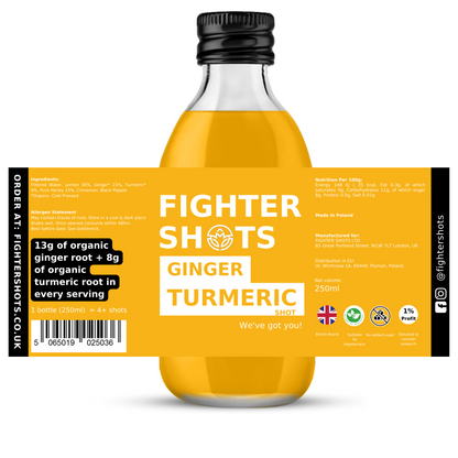 Fighter Shots Organic Ginger + Turmeric Dosing Bottle | 250ml | 150mg Curcumin Per Serving