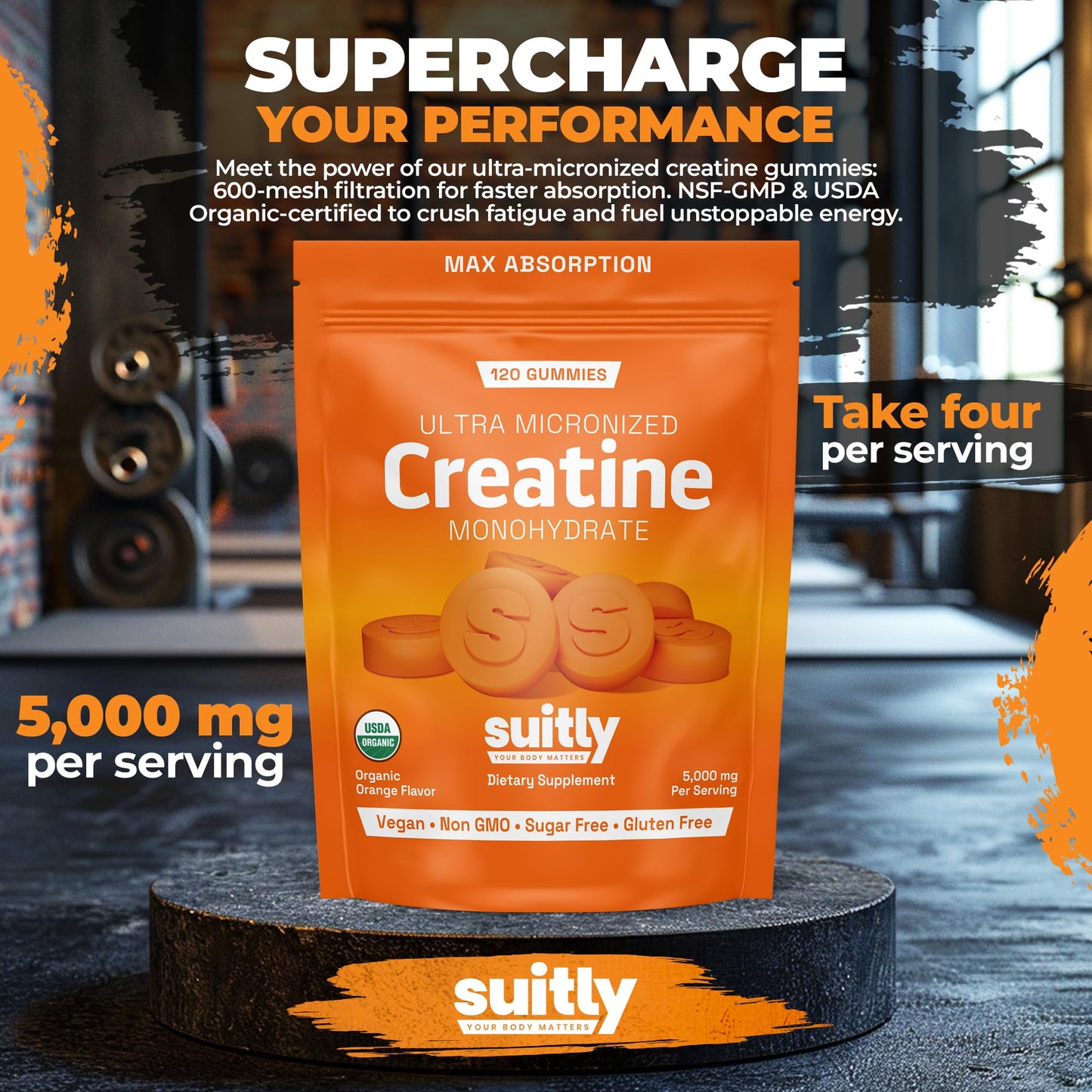 USDA Organic Ultra-Micronized Creatine Gummies – 5g Orange, Sugar Free (120 ct)