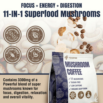 Mushroom Coffee – 11 Superfood Mushrooms with Lion’s Mane, Reishi, Chaga & Ashwagandha | Organic Instant Coffee, Low Caffeine & Sugar Free (5.3oz)