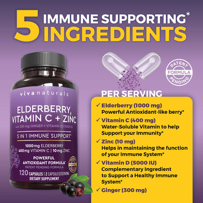 Viva Naturals Elderberry 5-in-1 Immunity Supplement - Vitamin C, D3 & Zinc