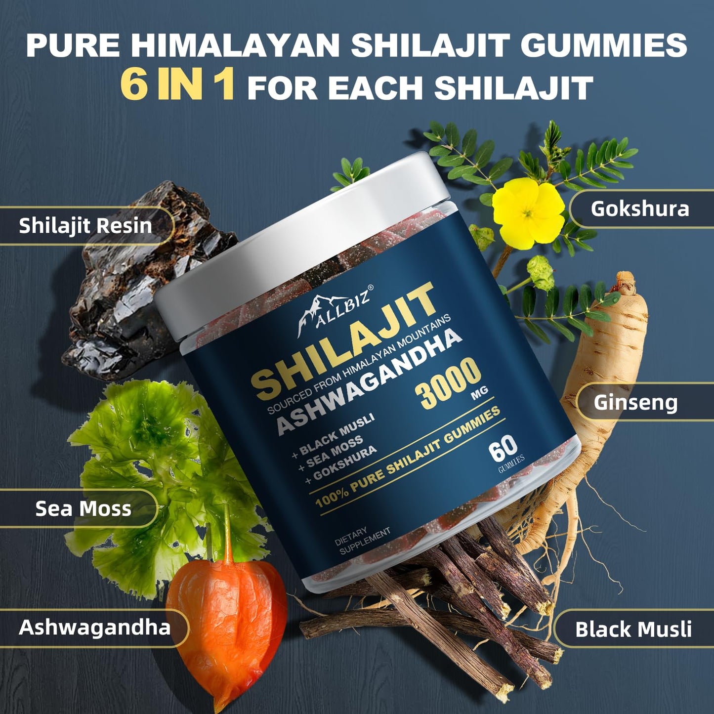 6 in 1 Himalayan Shilajit Gummies with Ashwagandha & Gokshura – 60 Gummies