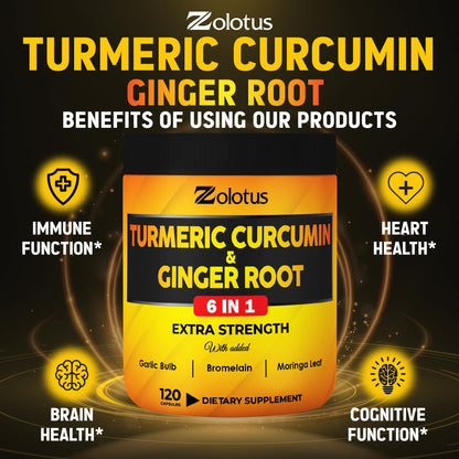 6 in 1 Turmeric Curcumin + Ginger Capsules - 95% Curcuminoids, Black Pepper | 120 Capsules