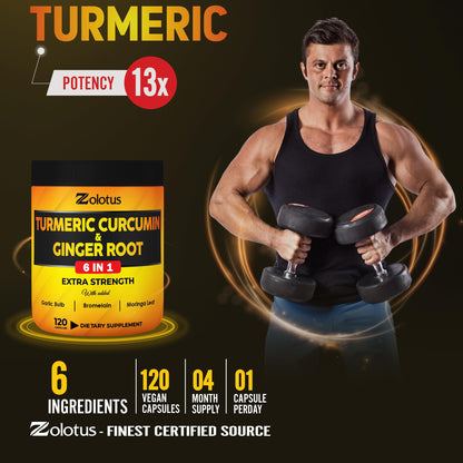 6 in 1 Turmeric Curcumin + Ginger Capsules - 95% Curcuminoids, Black Pepper | 120 Capsules