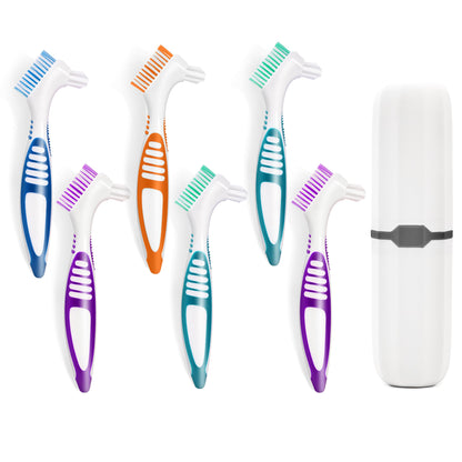 6 Pcs Denture Brush Set for False Teeth with White Carrying Case – Double-Sided Design, Multi-Layered Soft Bristles, Rubber Anti-Slip Handle, 4 Colors