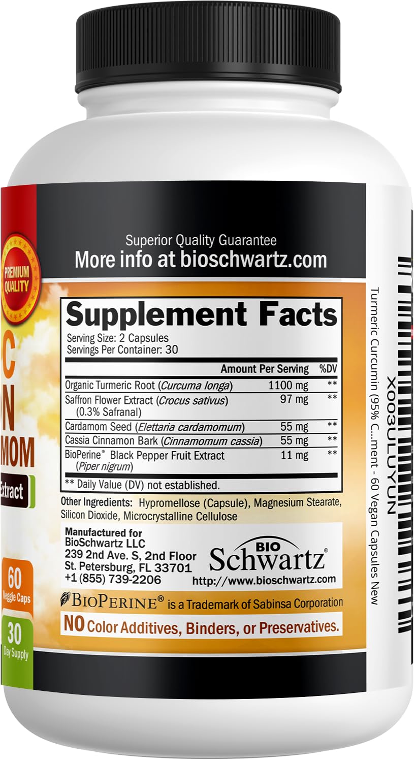 Turmeric Curcumin with Saffron, Cinnamon & Cardamom + BioPerine – Joint Support, 60 Capsules