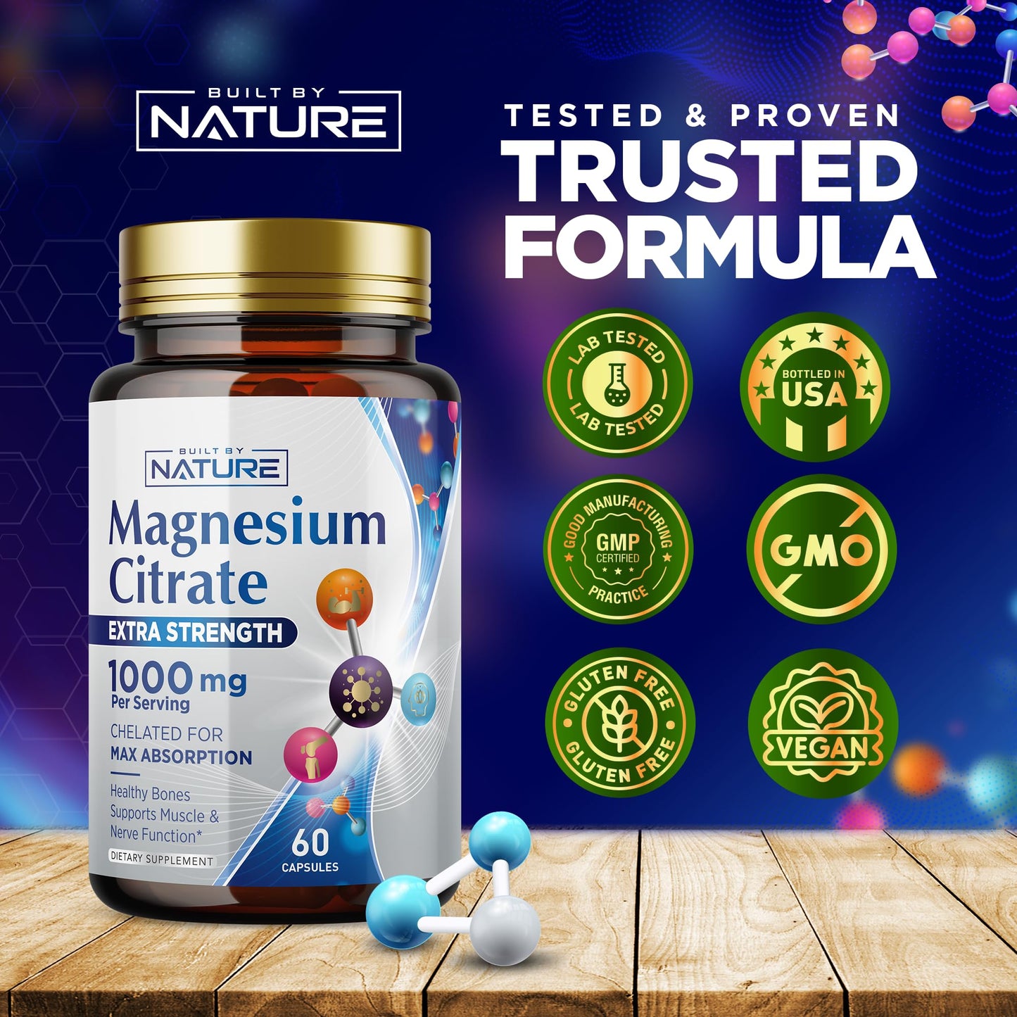 Magnesium Citrate 1000mg - Max Absorption & High Potency Magnesium Complex Supplement for Heart, Muscle, Nerve, Bone Health & Stress Relief - Non-GMO, Gluten-Free - 60 Vegan Capsules