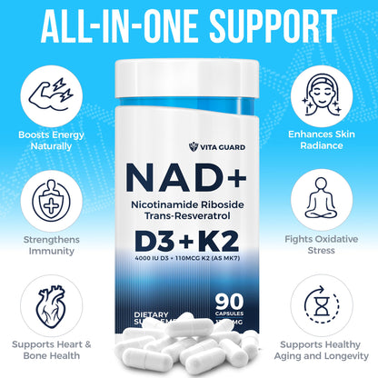 Anti-Aging Energy NAD Supplement – NMN Alternative with Nicotinamide Riboside 1000mg, Trans-Resveratrol 300mg, Vitamin D3 4000 IU and K2 110 mcg MK7 – Vegetarian 60 Capsules, 1300mg