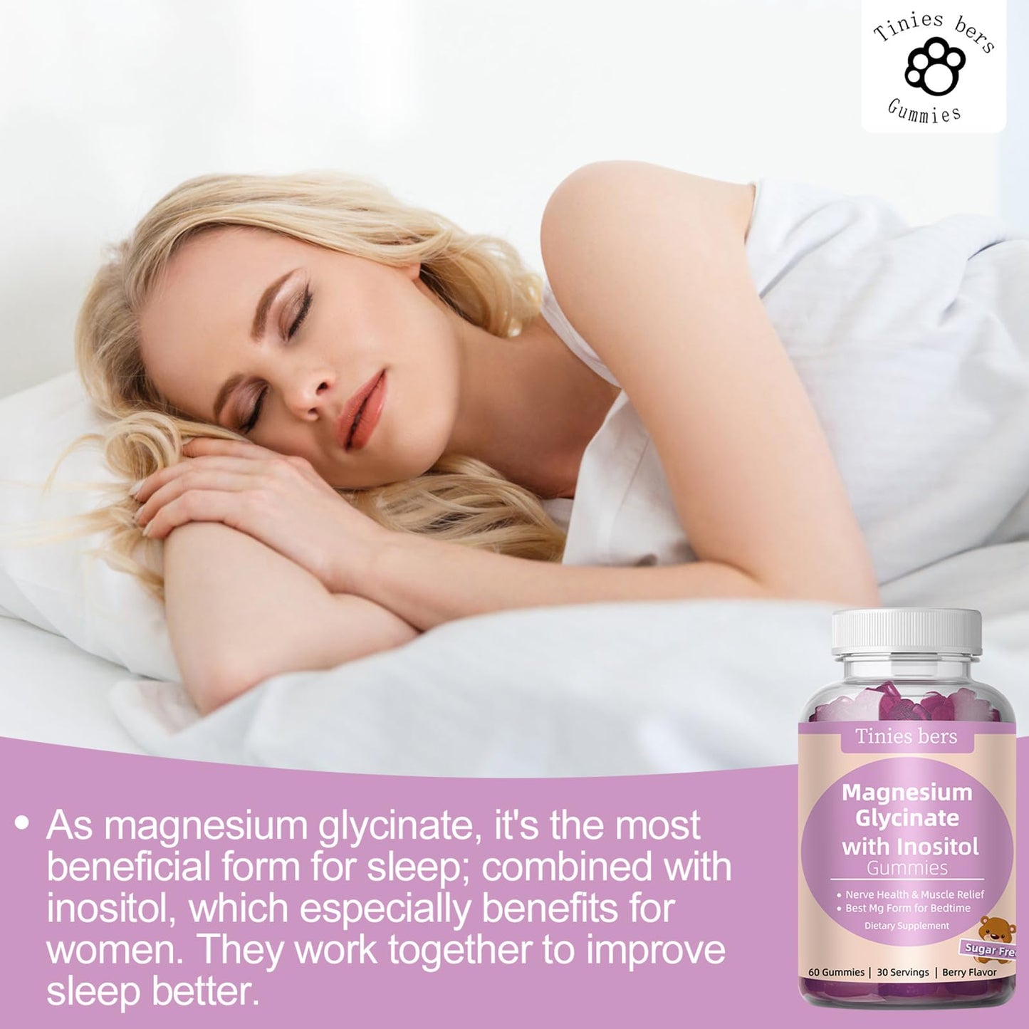 Magnesium Glycinate Gummies 400mg + Inositol 500mg for Women – Sleep & Stress Support, Sugar Free, Gluten Free, Vegan | 60 Gummies