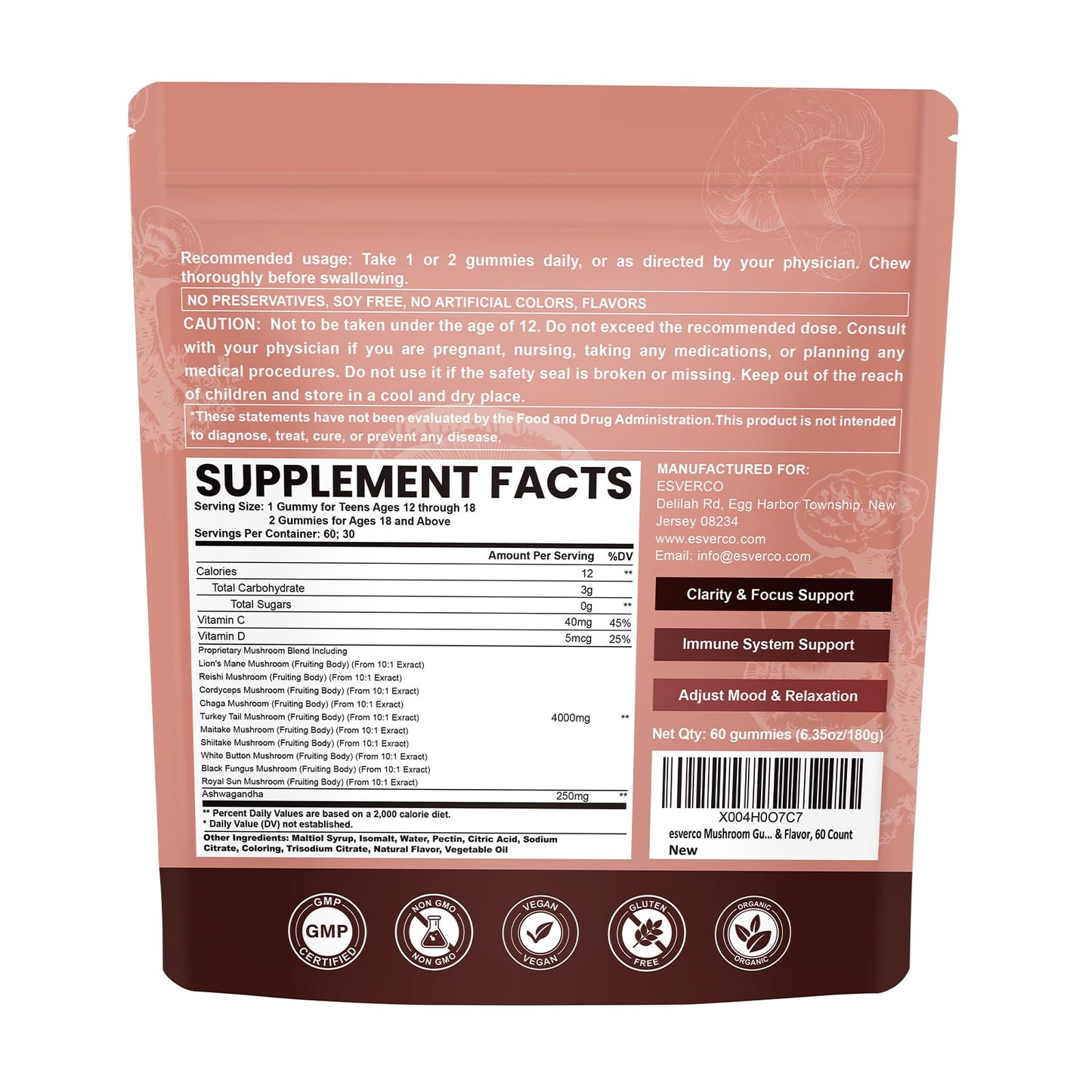 Lions Mane Mushroom Gummies with Ashwagandha | 4000mg 10-Mushroom Complex | 60 Count