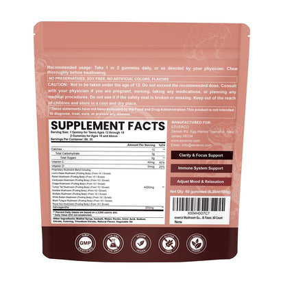 Lions Mane Mushroom Gummies with Ashwagandha | 4000mg 10-Mushroom Complex | 60 Count