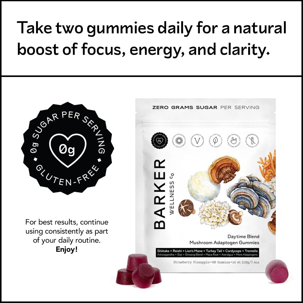 Mushroom Gummies - Lion's Mane, Cordyceps, Reishi, Shiitake Adaptogen Supplement | Immune Support, De-Stress, Mood & Energy - 60 Count | Vegan, Sugar-Free, Non-GMO