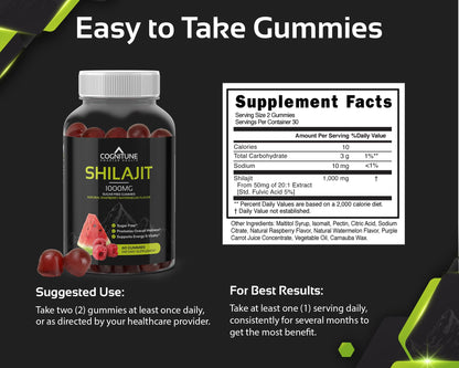 Shilajit Gummies 1000mg – Himalayan Shilajit with Fulvic Acid | Raspberry-Watermelon, Vegan, Sugar-Free