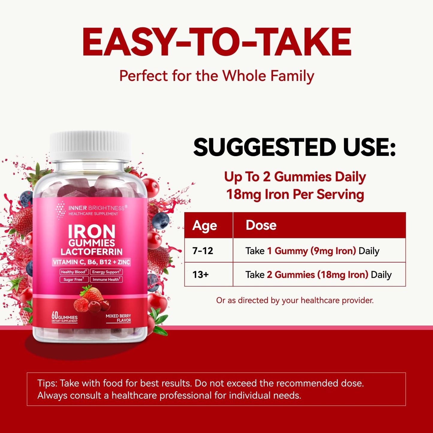 Iron Gummies with Lactoferrin, Vitamin C, B6, B12 & Zinc – Sugar-Free, Vegan (60 Count)
