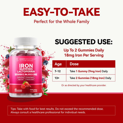 Iron Gummies with Lactoferrin, Vitamin C, B6, B12 & Zinc – Sugar-Free, Vegan (60 Count)