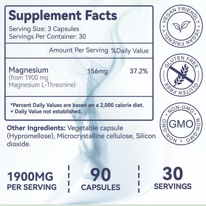 Magnesium L-Threonine, High Absorption Magnesium Supplement,1900mg Magnesium Threonine, Gluten Free, Non-GMO,180 Vegan Capsules