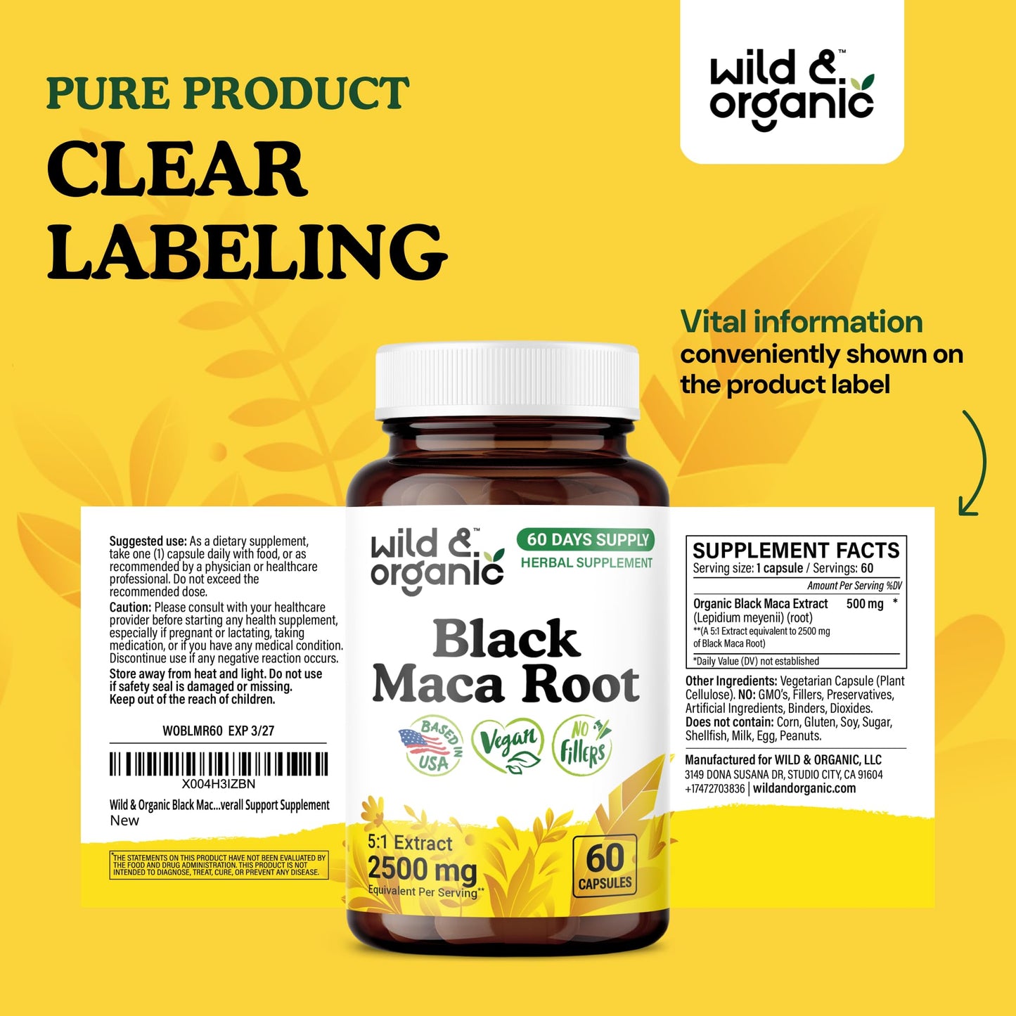 Wild & Organic Black Maca Root Capsules 500 mg – 60 Veg Caps, Non-GMO, Gluten-Free