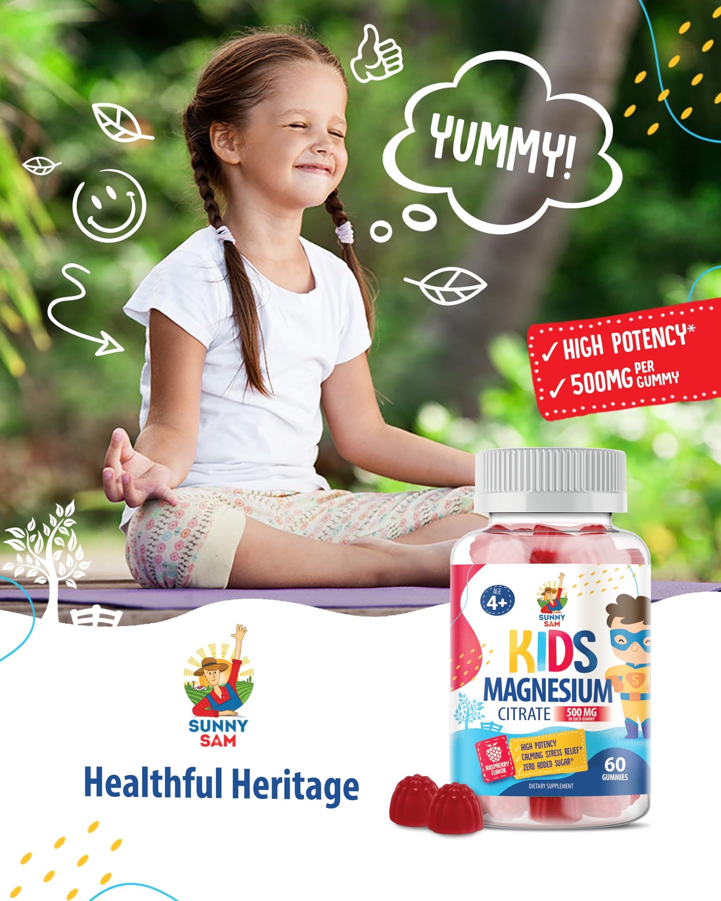 Sugar-Free Magnesium Gummies for Kids & Teens – 500mg Calm Magnesium Citrate – Chewable for Sleep, Mood & Muscle Support – 60-Day Supply