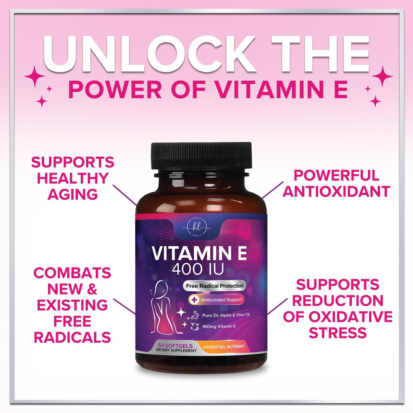 Vitamin E 400 IU (180 mg) – Hair & Skin Support, Immune Health – Non-GMO, Gluten Free | 60 Softgels