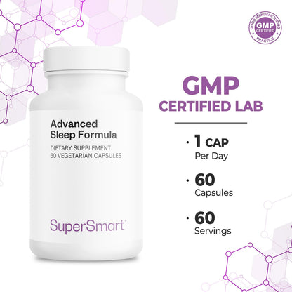 Supersmart Advanced Sleep Formula (High Strength) - Melatonin, Valerian, California Poppy | 60 Vegetarian Capsules | Non-GMO & Gluten Free