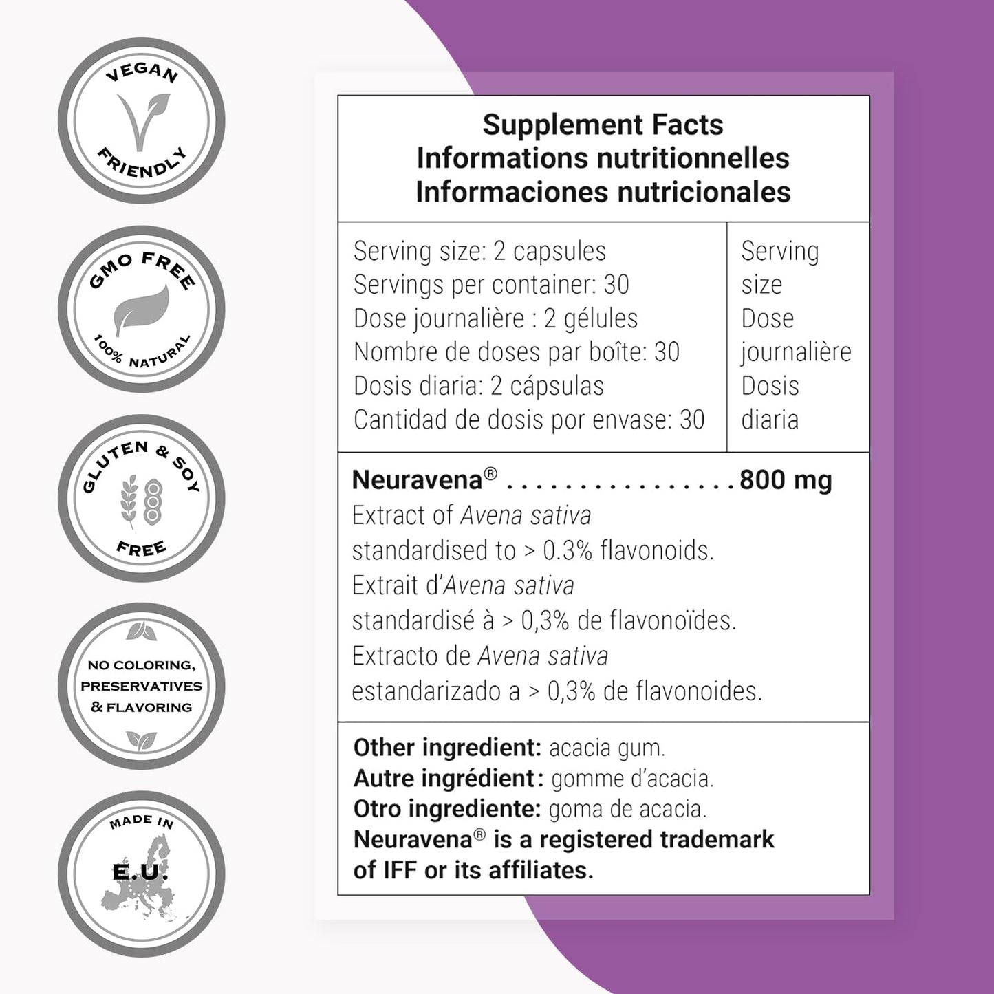 Supersmart Natural Dopamine Support 800 mg Daily – Neuravena Avena sativa 0.3% Isovitexin | Brain Supplement | Non-GMO & Gluten Free | 60 Vegetarian Capsules