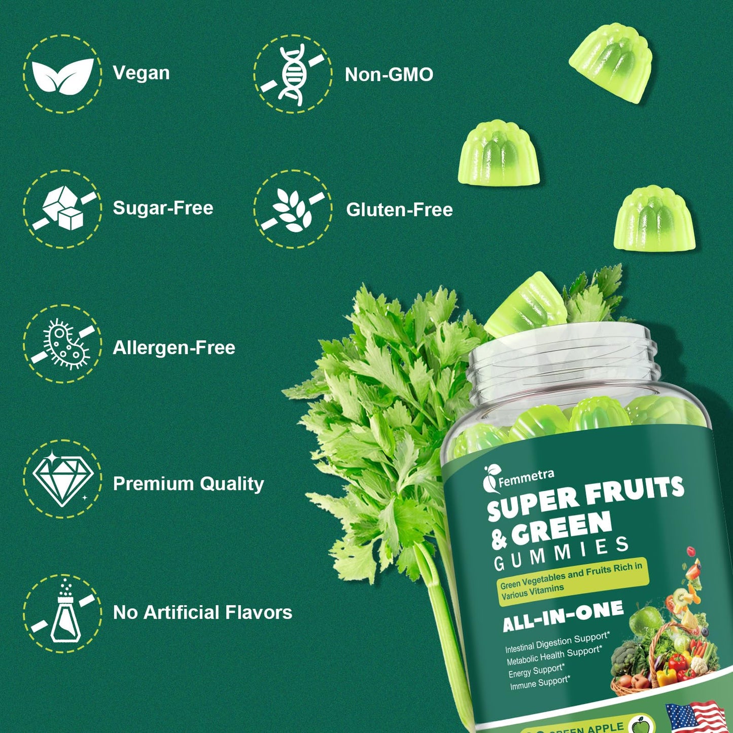61-in-1 Super Greens Gummies for Women & Men | Probiotics, Energy & Digestive Health | Sugar Free