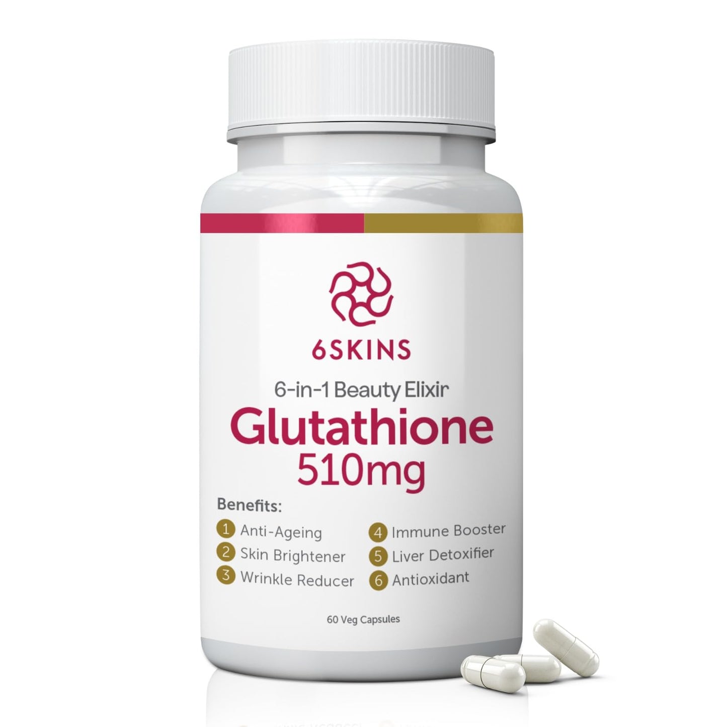 6SKINS 6in1 Beauty Elixir Liposomal Glutathione 510mg | Immune Support & Liver Detox | 60 Capsules