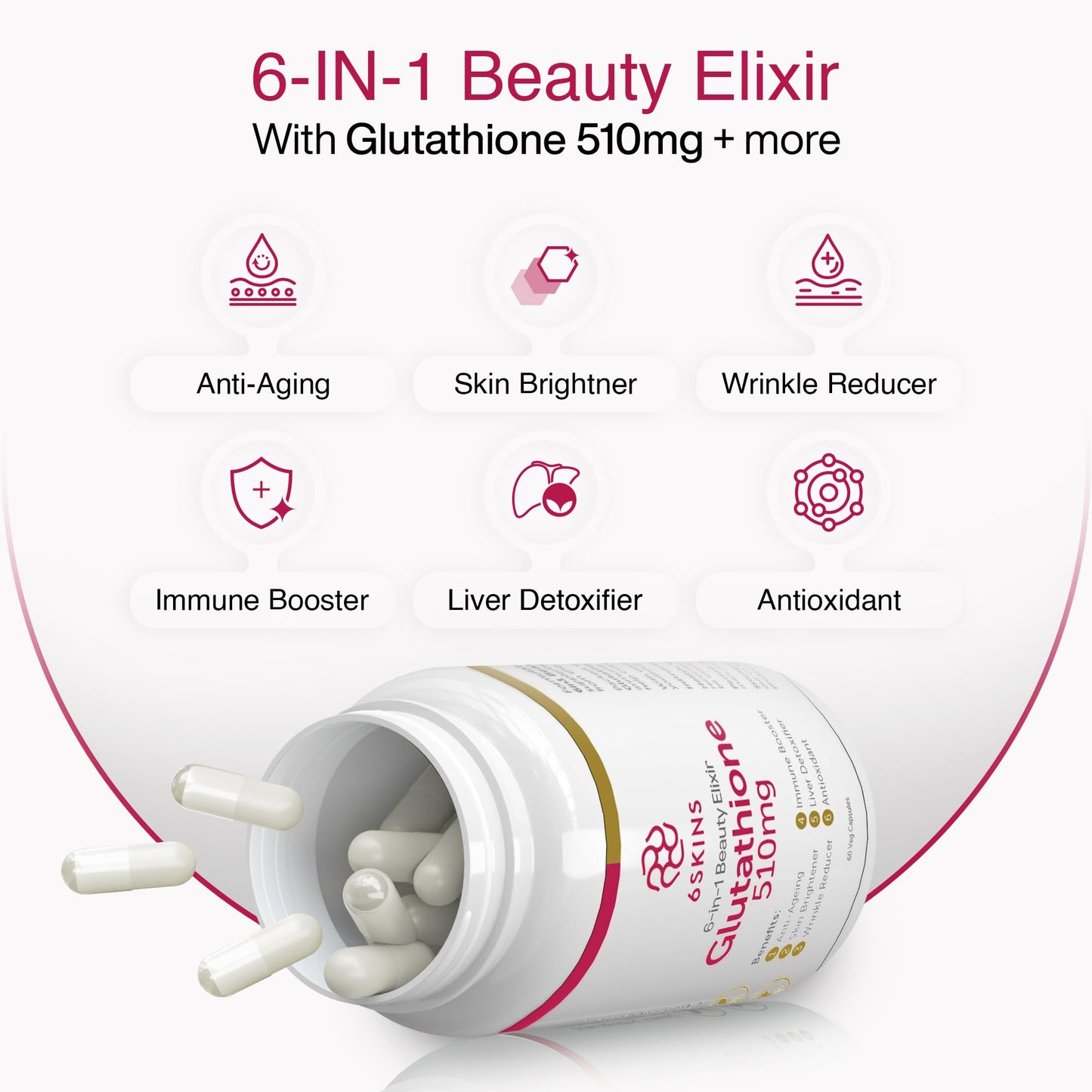 6SKINS 6in1 Beauty Elixir Liposomal Glutathione 510mg | Immune Support & Liver Detox | 60 Capsules