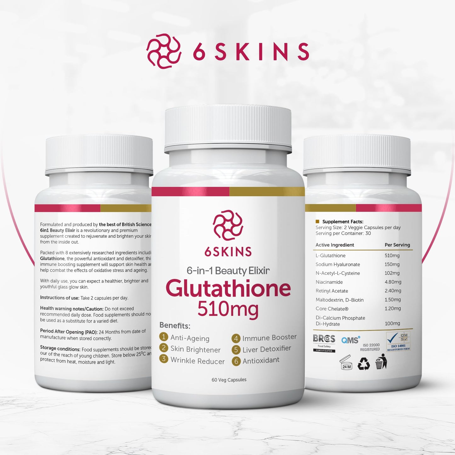 6SKINS 6in1 Beauty Elixir Liposomal Glutathione 510mg | Immune Support & Liver Detox | 60 Capsules