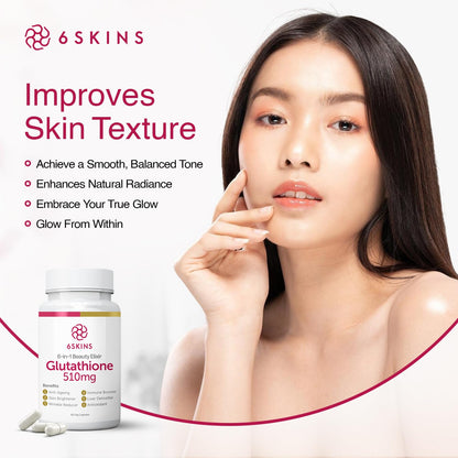 6SKINS 6in1 Beauty Elixir Liposomal Glutathione 510mg | Immune Support & Liver Detox | 60 Capsules