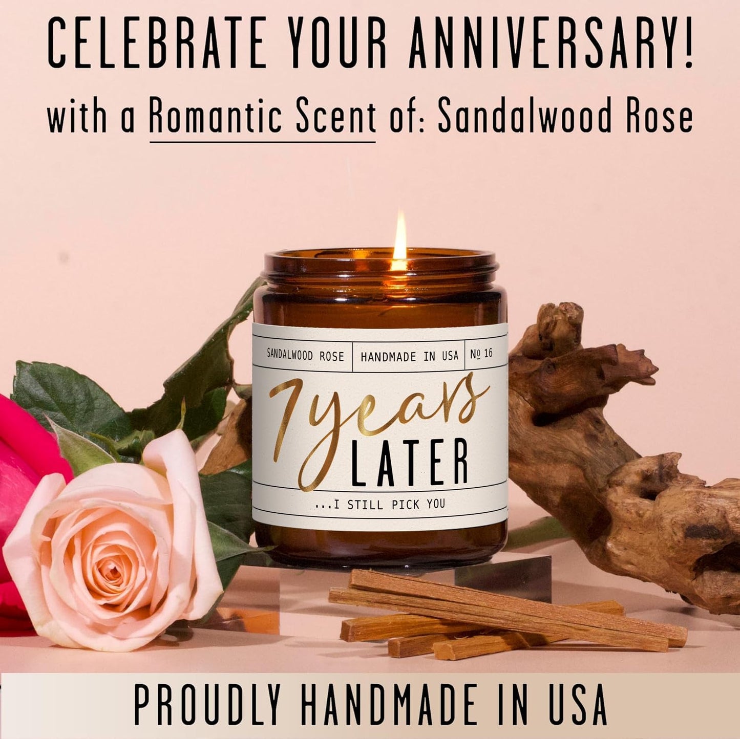 7 Year Anniversary Gift for Her – 7 Years Later Soy Candle, Sandalwood Rose, USA Made