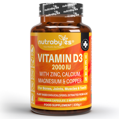 Vegan Vitamin D3 2000 IU with Calcium, Magnesium, Zinc & Copper | 180 capsules, 3 months supply | Made in the UK
