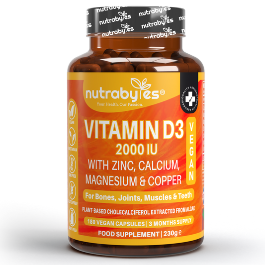 Vegan Vitamin D3 2000 IU with Calcium, Magnesium, Zinc & Copper | 180 capsules, 3 months supply | Made in the UK NUTRABYTES