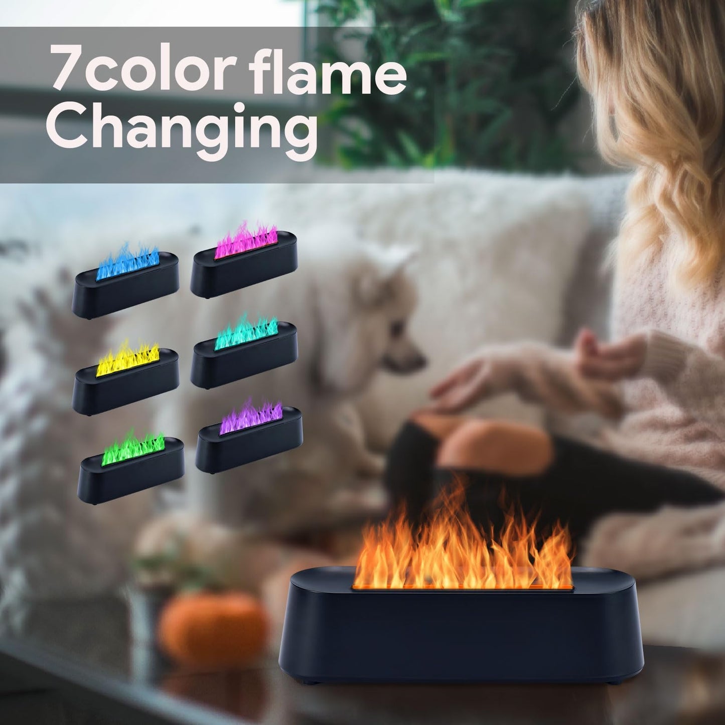 7Color Aroma Diffuser with Remote - Volcano Flame Diffuser for Large Rooms (10.7 x 3 x 3.1 in, Black-01)