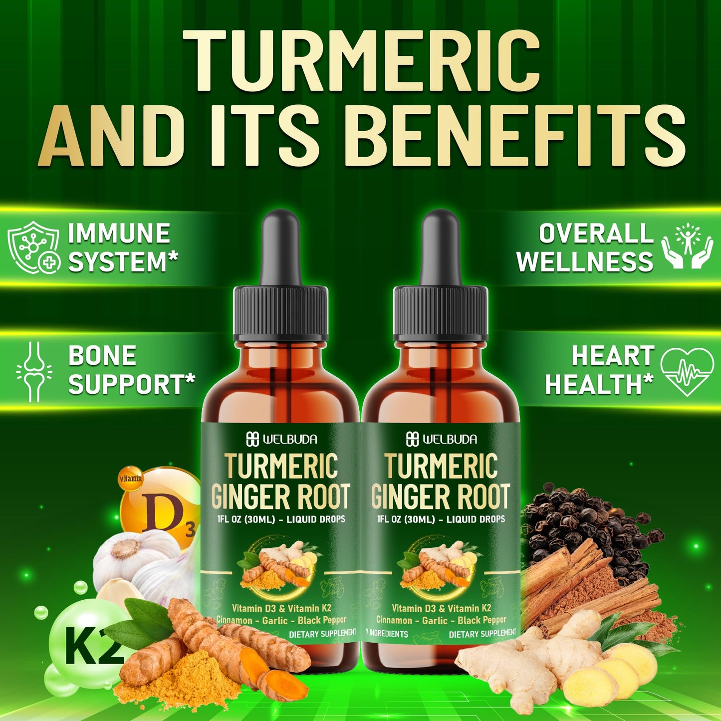 7in1 Liquid Turmeric Curcumin with D3 & K2 – 30ml Drops (2 Pack)